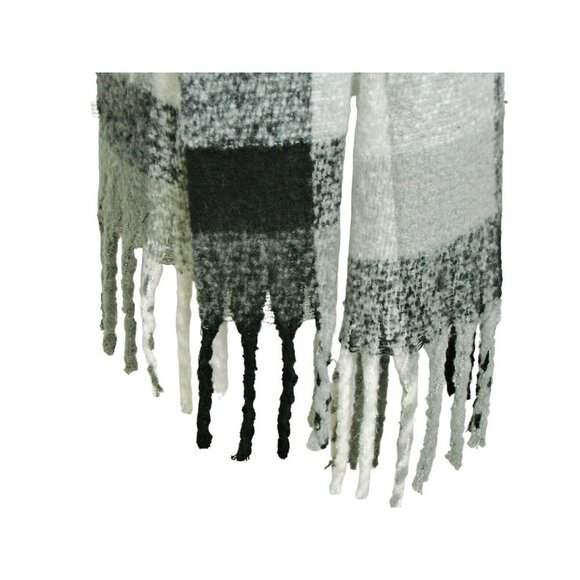 Womens Soft Chunky Warm Scarf Wrap Knit Fringe Black White Gray Plaid Lg 59x17" - Picture 2 of 12
